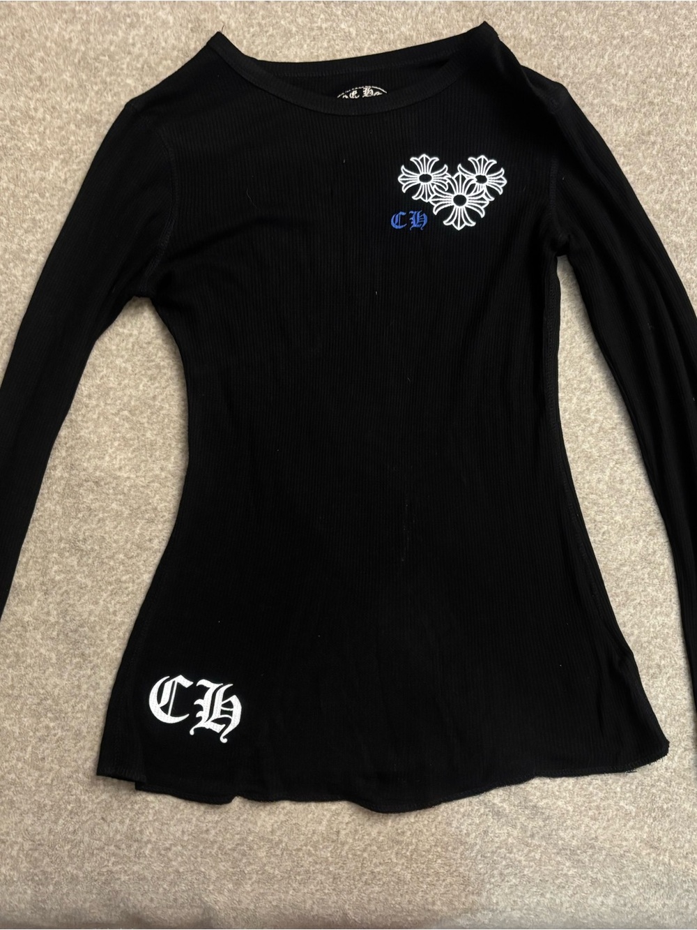 Chrome Hearts Black Long-Sleeve Ribbed Top with White Floral and Blue CH Accent